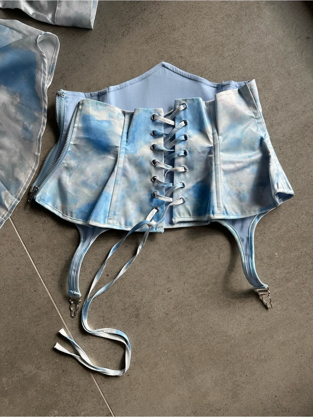 AKIRA Sky-Print Satin Corset Dress in Light Blue - Picture 11 of 17